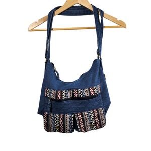 Gold Coast Denim Boho Crossbody‎ Bag Tribal Print Pockets Backpack